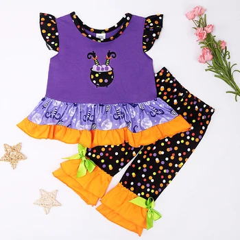 Осенний хлопковый комплект для маленьких девочек на Хэллоуин с милой вышивкой, круглый воротник, фиолетовый бант, Короткие рукава, модная детская одежда