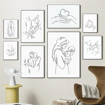 Плакаты для рисования матери и дочери и сына, Абстрактные минималистичные настенные рисунки, холст, печать, Картины с изображением поцелуев пары в виде сердца