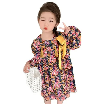 Платья для девочек, платья с цветочным рисунком для девочек, весенне-осеннее детское платье в повседневном стиле, детская одежда