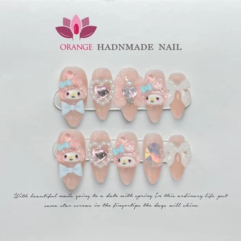 Розовая печать ручной работы на ногтях Cute Korea Многоразовое украшение Поддельный ноготь с полным покрытием Искусственный маникюр, Пригодный для носки Оранжевый Магазин ногтей