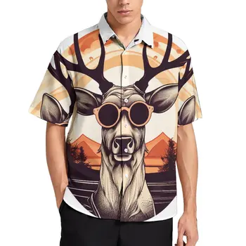 Свободная рубашка с оленем, мужские пляжные солнцезащитные очки в стиле ретро на закате, повседневные рубашки с гавайским принтом, короткий рукав, стильные блузки Оверсайз