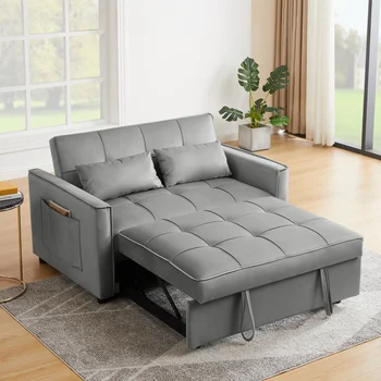 Серый бархатный диван-кровать, простой в сборке, мягкий и удобный для внутренней мебели в гостиной