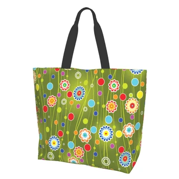 Симпатичные векторные цветочные Красочные мультяшные цветы, зеленая холщовая сумка-тоут для женщин, кухня выходного дня, многоразовые продуктовые сумки оптом