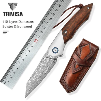 Складной Карманный Нож TRIVISA с зажимом, EDC-Ножи для Мужчин, Походный Инструмент для кемпинга, 3,5-дюймовое Дамасское Лезвие, Валик, Железное Дерево и Кольцо Ti