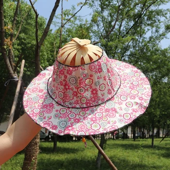 Складной ручной веер для солнцезащитной шляпы 2 в 1 в китайском стиле, портативный ручной веер с цветочным принтом, пляжная кепка, бамбуковая шляпа, прямая поставка