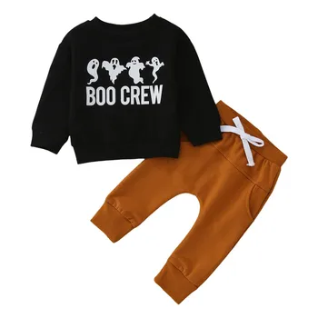Топы с длинными рукавами и принтом на Хэллоуин для маленьких мальчиков, однотонные брюки, повседневная спортивная одежда из двух предметов для мальчиков от 4 лет, одежда на пуговицах для малышей
