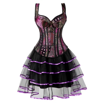 Фиолетовые корсетные платья для женщин, Готический Жаккардовый корсет на бретелях с юбкой, комплекты-пачки, Корсетное платье для танцовщиц в стиле Бурлеск, большие размеры 6XL