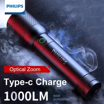 Фонарик Philips с оптическим зумом, портативный фонарик с 4 режимами освещения, USB C, перезаряжаемый для самообороны в кемпинге