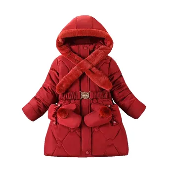 Хлопчатобумажная куртка для девочек, зимнее теплое пуховое пальто с капюшоном, утолщенные перчатки для отправки, модная детская одежда 3-10 лет