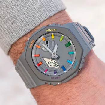 Цифровые спортивные кварцевые часы Унисекс 2100 Оригинальные ударные часы с полной функцией Мирового времени LED Серого цвета Серии Rainbow Oak