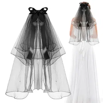 Черная вуаль для свадьбы с подсветкой, 2-уровневый бант, Свадебная Черная вуаль, женские Дышащие украшения для волос, реквизит для фотосъемки для девочек