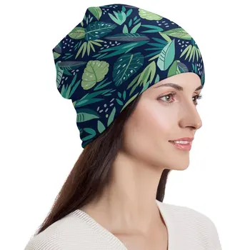 Шапки-бини с ботаническими листьями, сине-зеленые Шляпы-капоты, женская и мужская мода, Вязаная шапка в стиле хиппи, Осенний дизайн, Эластичные шапки