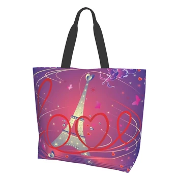 Эйфелева башня, очень большая сумка для продуктов, любимая фиолетовая и красная, многоразовая сумка для покупок, дорожная сумка для хранения, сумка через плечо