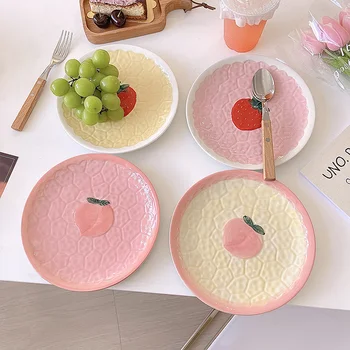 Японская Кавайная тарелка с клубникой и персиком, Керамика, Милый Розовый торт для завтрака, Закуска, Фруктовый Десерт, Декоративное блюдо, Кухонная Посуда